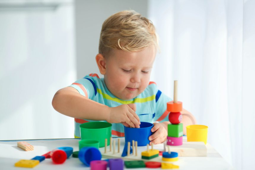 A little boy plays with wooden toys and builds a tower. Educational logic toys for children.