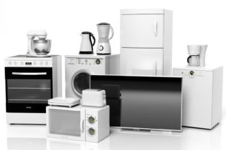 Group of home appliances isolated on white background